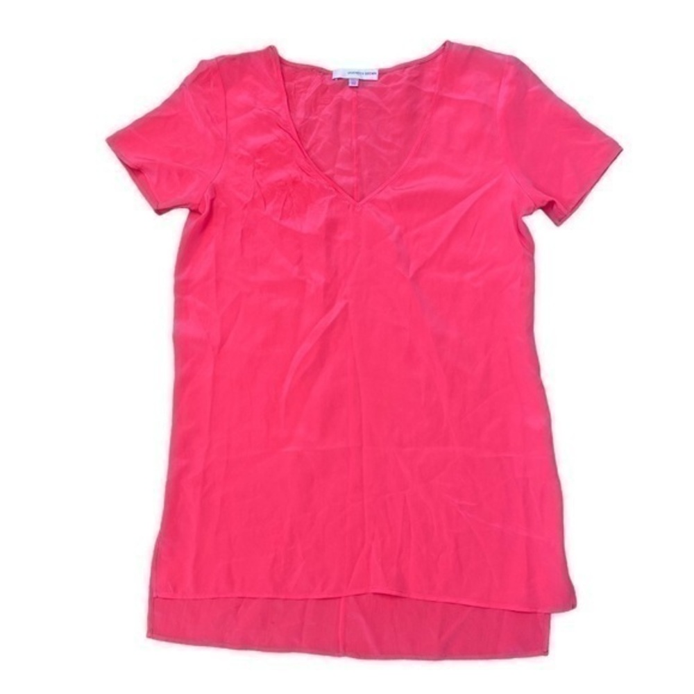 Silk Lavender Brown Hot Pink V Neck Short Sleeve Top X-Small